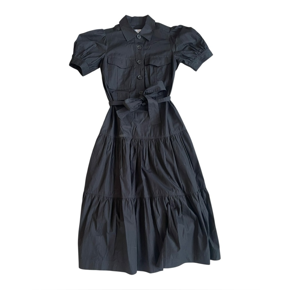 Derek Lam Crosby Black Puff Sleeve Tiered Shirt Dress Size 0 Cotton Belted